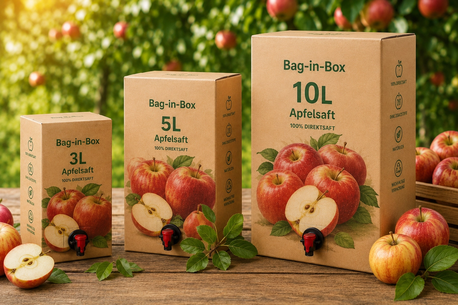 LWB Daniel Böhme - Obstpressen – Drei braune „Bag-in-Box“-Apfelsaftkartons in den Größen 3 l, 5 l und 10 l mit der Aufschrift „100 % DIREKTSAFT Apfelsaft“, präsentiert zusammen mit frischen roten Äpfeln auf einem rustikalen Holztisch.